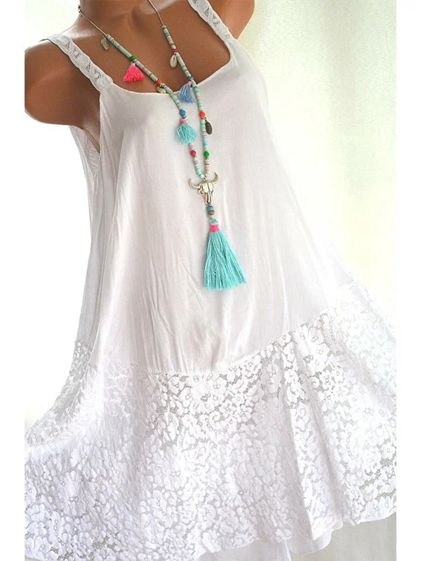 Women Sleeveless U-neck Lace Mini Dress