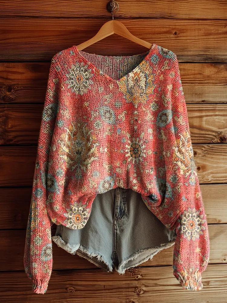 Women's Retro Ethnic Totem Art Pattern Print Casual V Neck Pullover Sweater