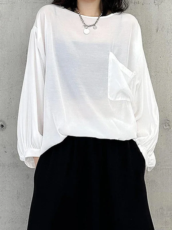 Simple White Round-Neck High-Low Long Sleeve See-Through T-Shirt