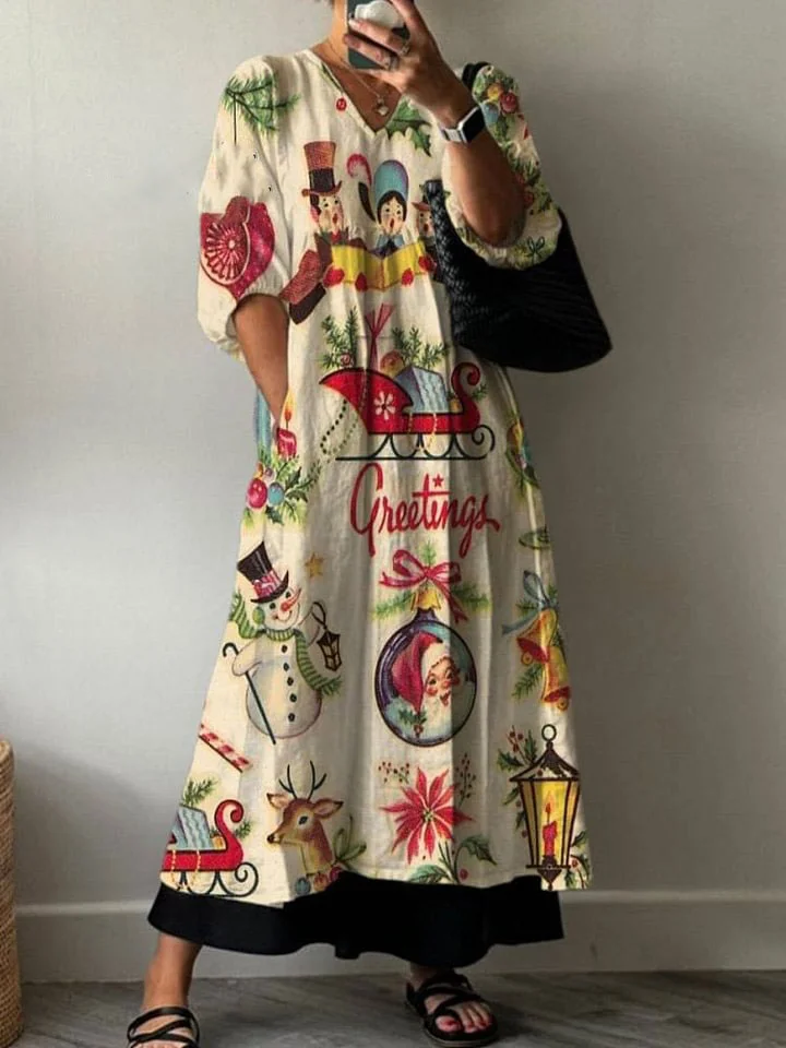 Women's Vintage Christmas Art Print Pocket V-neck Cotton Dress