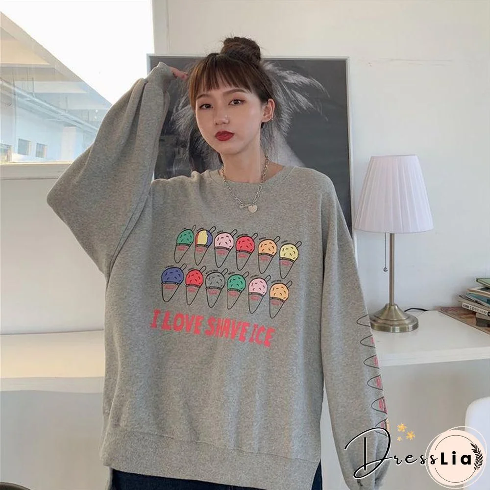 Women'S Sweatshirts Spring Korean Loose Round Neck Pullover Jacket Personality Cartoon Printing Long-Sleeved Sweat-Shirt