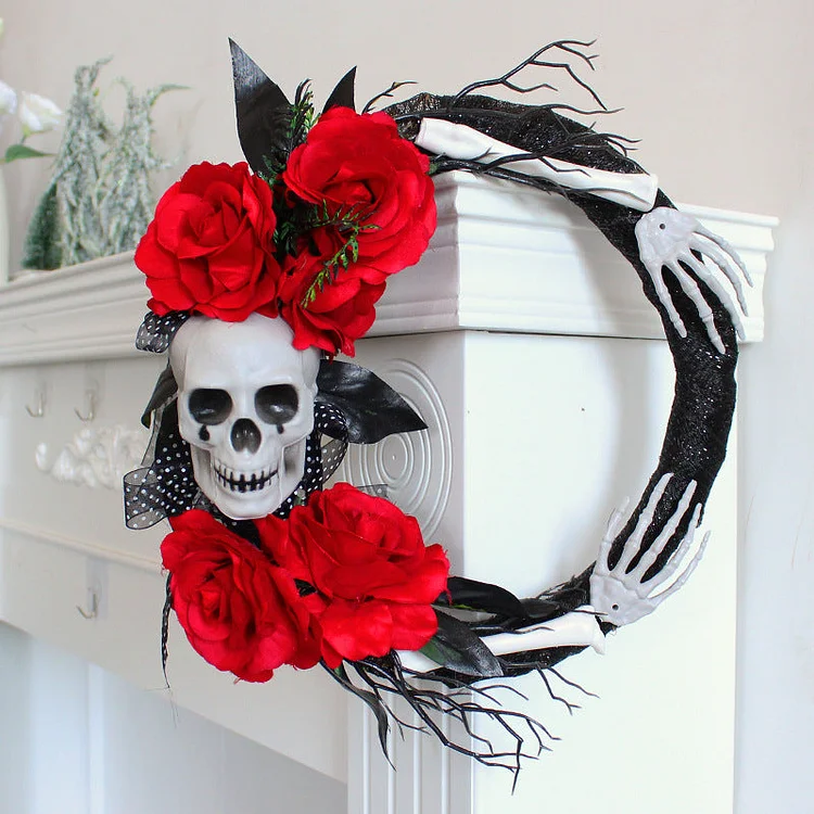 16" Halloween Wreath with Scary Skull and Red Roses