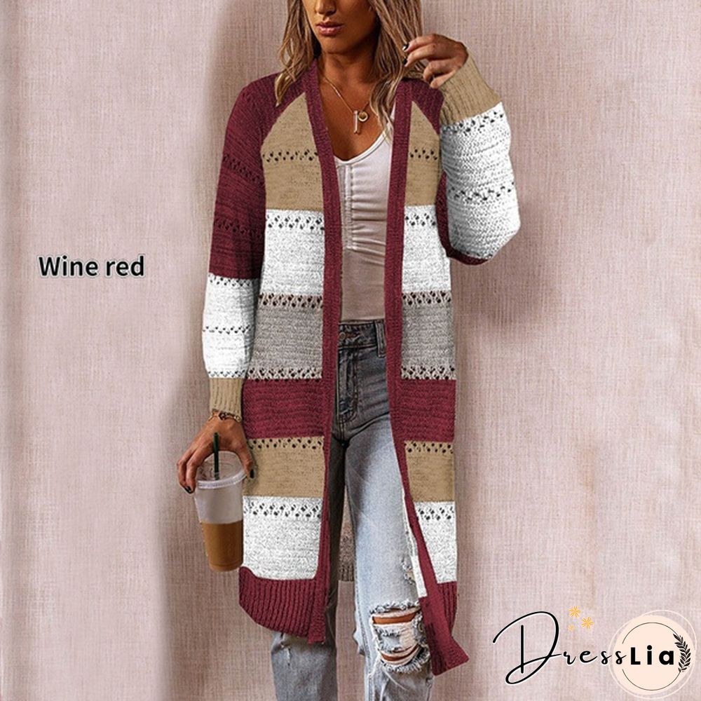 New Fashion Women Cardigan Comfy Stylish Stitching Long Sleeve Striped Patchwork Sweater Female Casual Long Cardigan Autumn Winter Tops