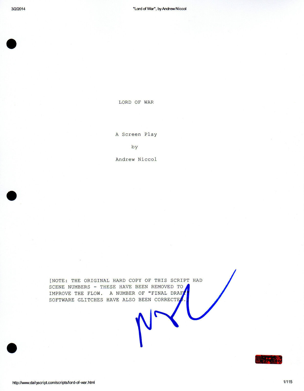 GFA Lord of War * NICOLAS CAGE * Signed Full Movie Script N2 PROOF COA