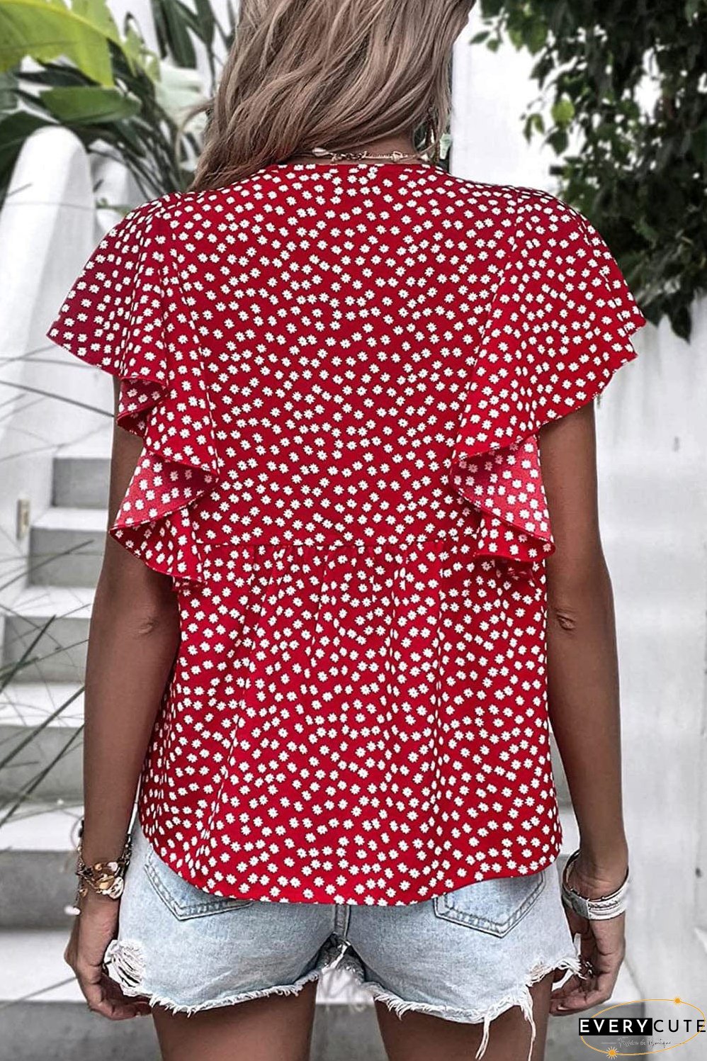 Layered Plaid Short Sleeve V-Neck Lotus Leaf Blouses