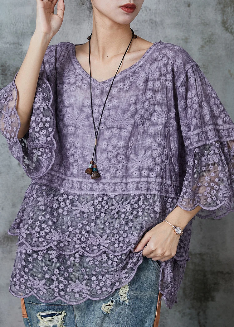 Unique Purple Embroidered Lace Tops Half Flare Sleeve
