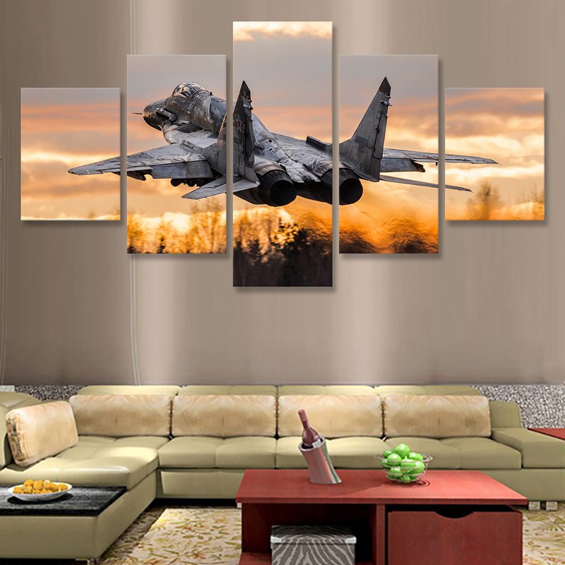 Unframed 5 Panel Jet Fighter Mikoyan MiG-29 Modular Modern Canvas Posters Wall Art Picture Paintings for Living Room Home Decor