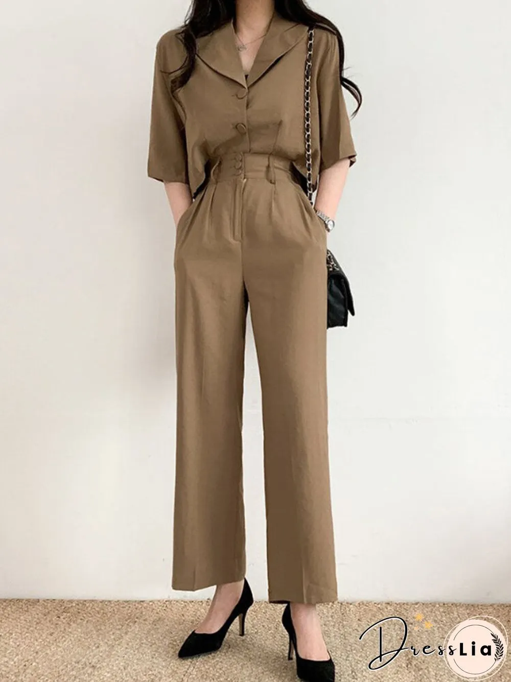 Solid Button Front Pocket Lapel Short Sleeve Two Pieces Suit