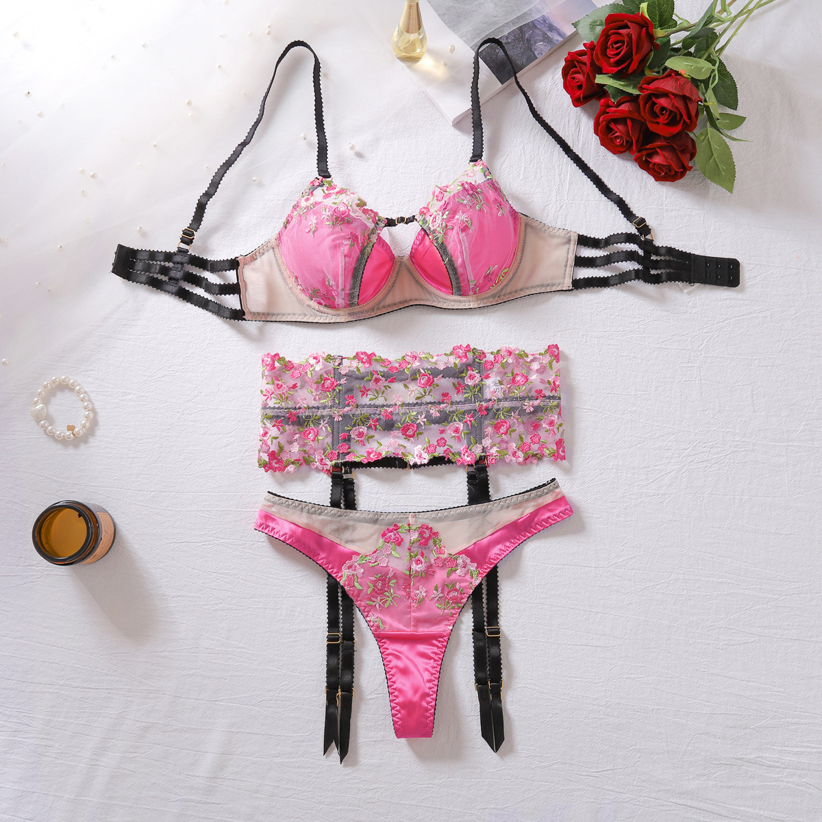 Lovingerie - Floral Embroidered Sheer Mesh Underwire Bra Alluring G-String Garter Belt Sexy  Lingerie Trio