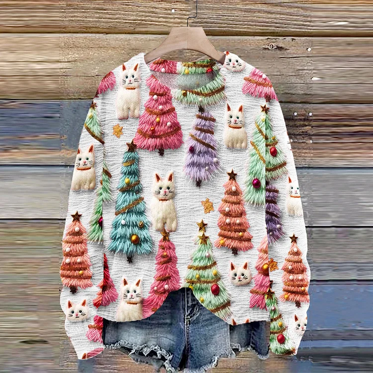 Christmas Tree Cute Cat 3D Print Knit Pullover Sweater
