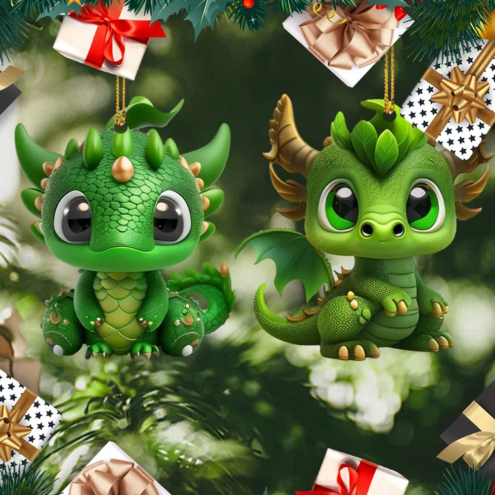 2 PCS Acrylic Cute Green Dragon 2D Flat Dinosaur Christmas Tree Car Decoration