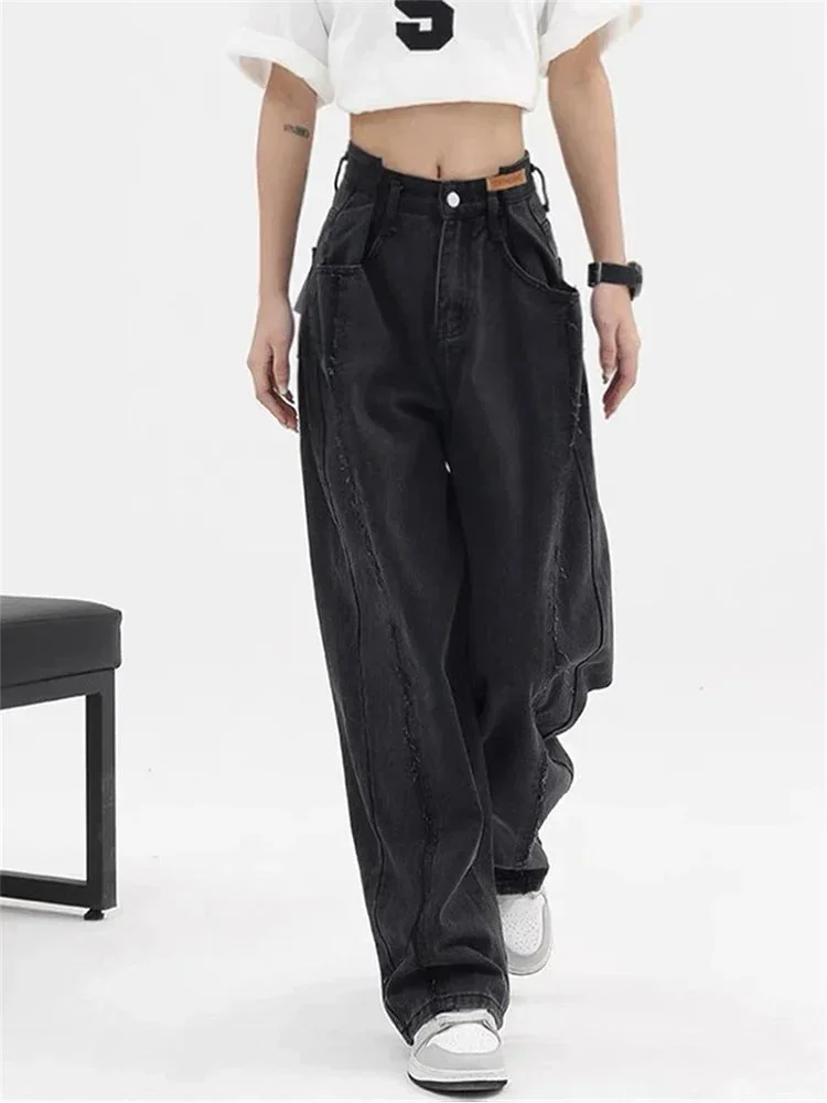 Nncharge Women Baggy Long Jeans Harajuku Black Wide Leg Trousers Streetwear Vintage High Waist Denim Pants Big Pocket Y2k Feamle