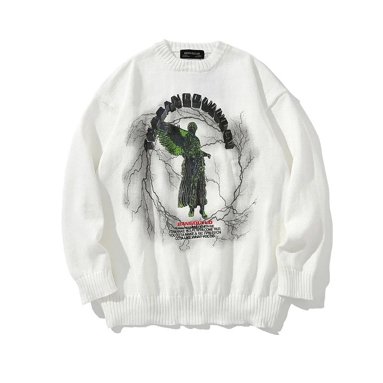 Statue Printed Sweater Men's Street Loose Round Neck Sweater Pullover at Hiphopee