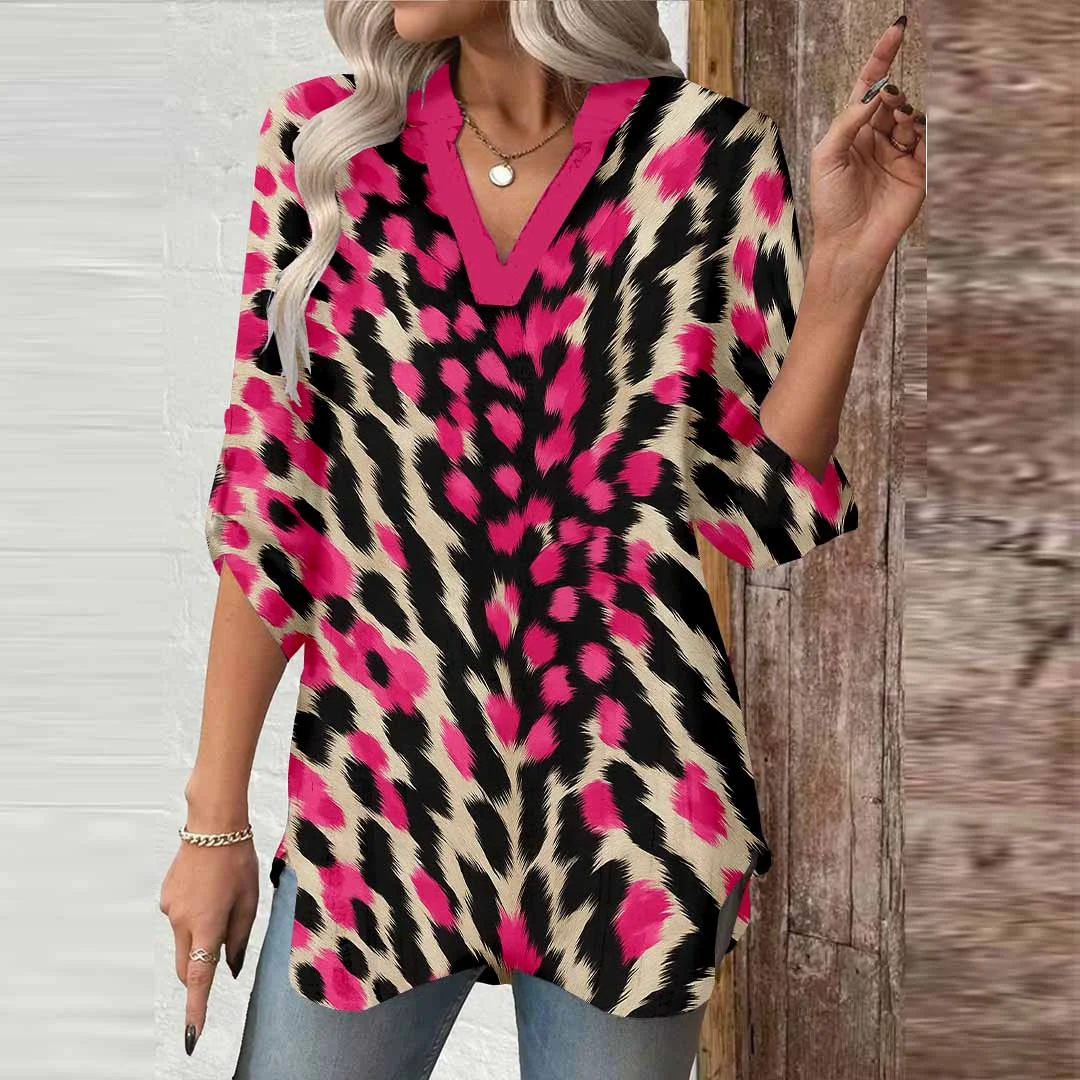 Women Leopard, Red, Black DZGA0333 3/4 Sleeve V-neck Printed Graphic Button Tops