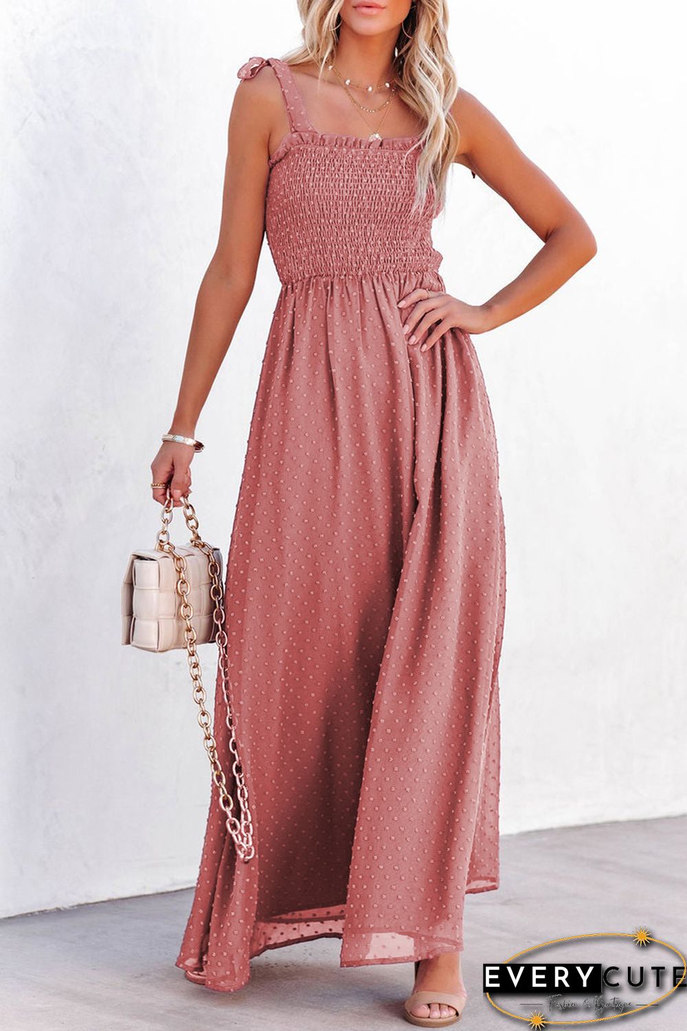 Red Smocked Swiss Dot Maxi Dress