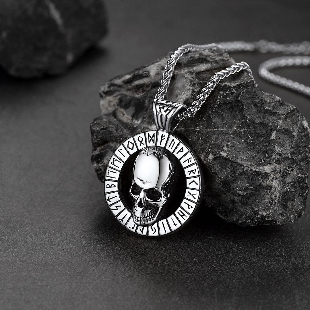 Stainless Steel Skull Necklace with Viking Rune For Men
