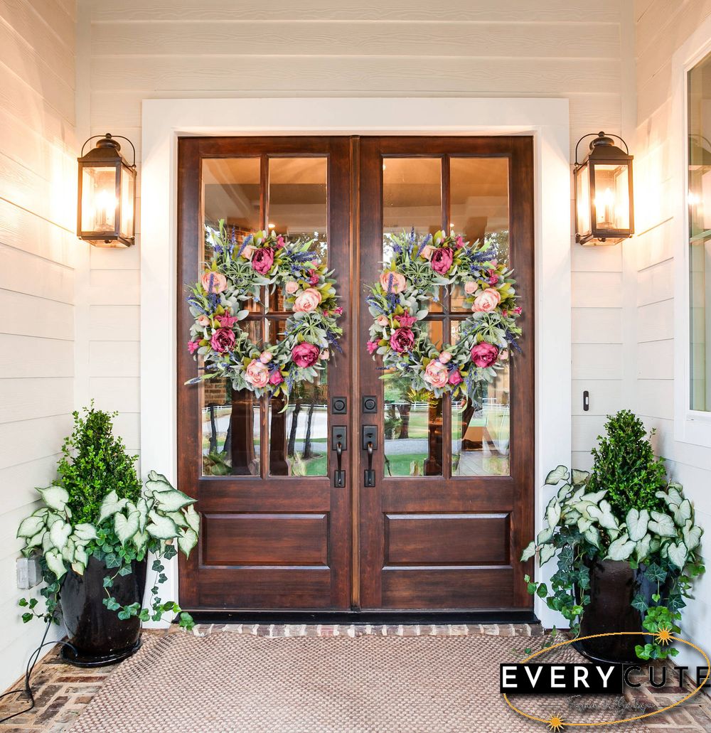 Summer peony wreath for front door - Lambs ear farmhouse wreath