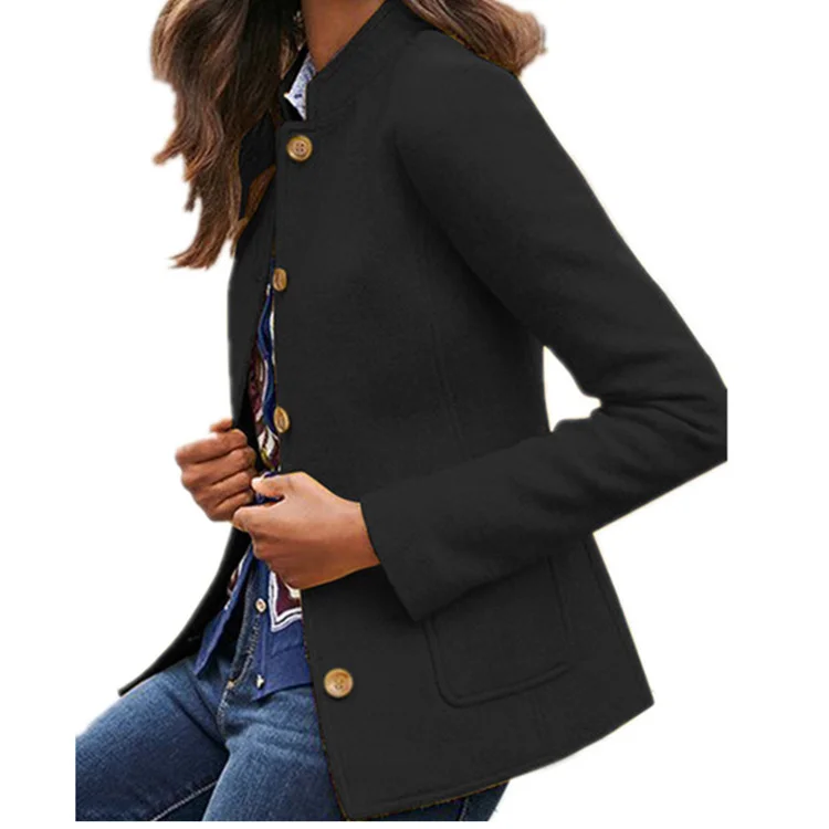 Stand-Up Collar Solid Color Simple Woolen Coat