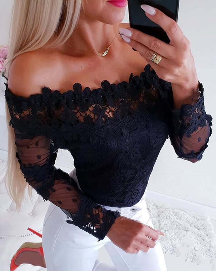 Off Shoulder Mesh Lace Trim Casual Blouse