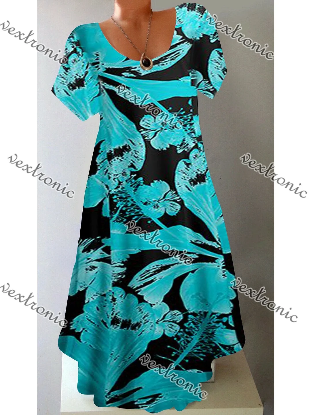 Women Fashion Round Neck Short Sleeve Floral Printed Graphic Midi Dress