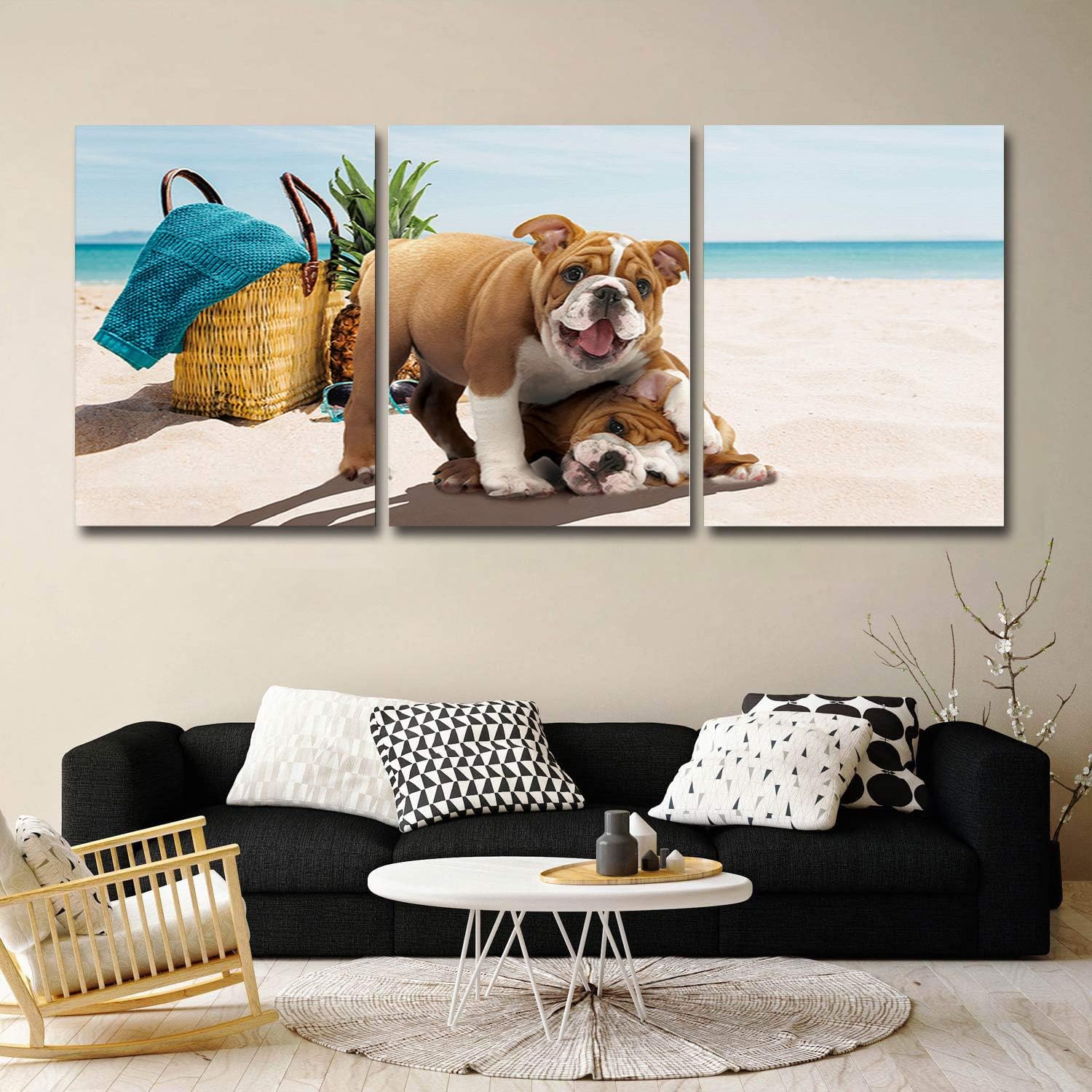 CyCoShower 3 Panel Oil Paintings on Canvas Wall Art Animal Cute French Bulldog Beach Pineapple Ready to Hang for Living Room Bedroom Home Office Decor 16x24inx3 panel