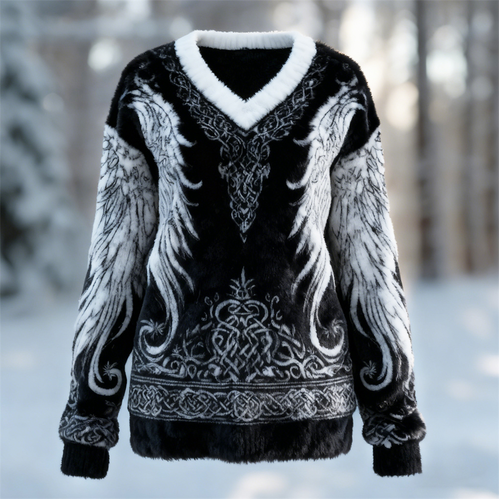 Viking Celtic Wing Design Women's Flannel V-neck Sweater elevenforest