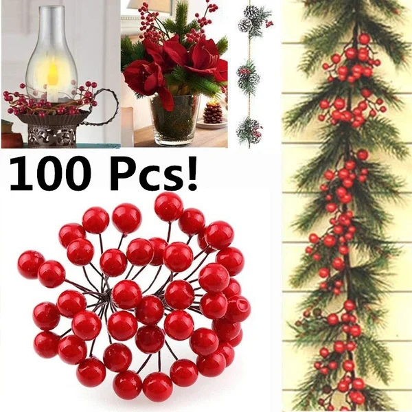 100 Pcs! Fashion Christmas Decor Artificial Holly Berry Wire Bundle Garland Wreath Xmas Tree Ornament Decorations