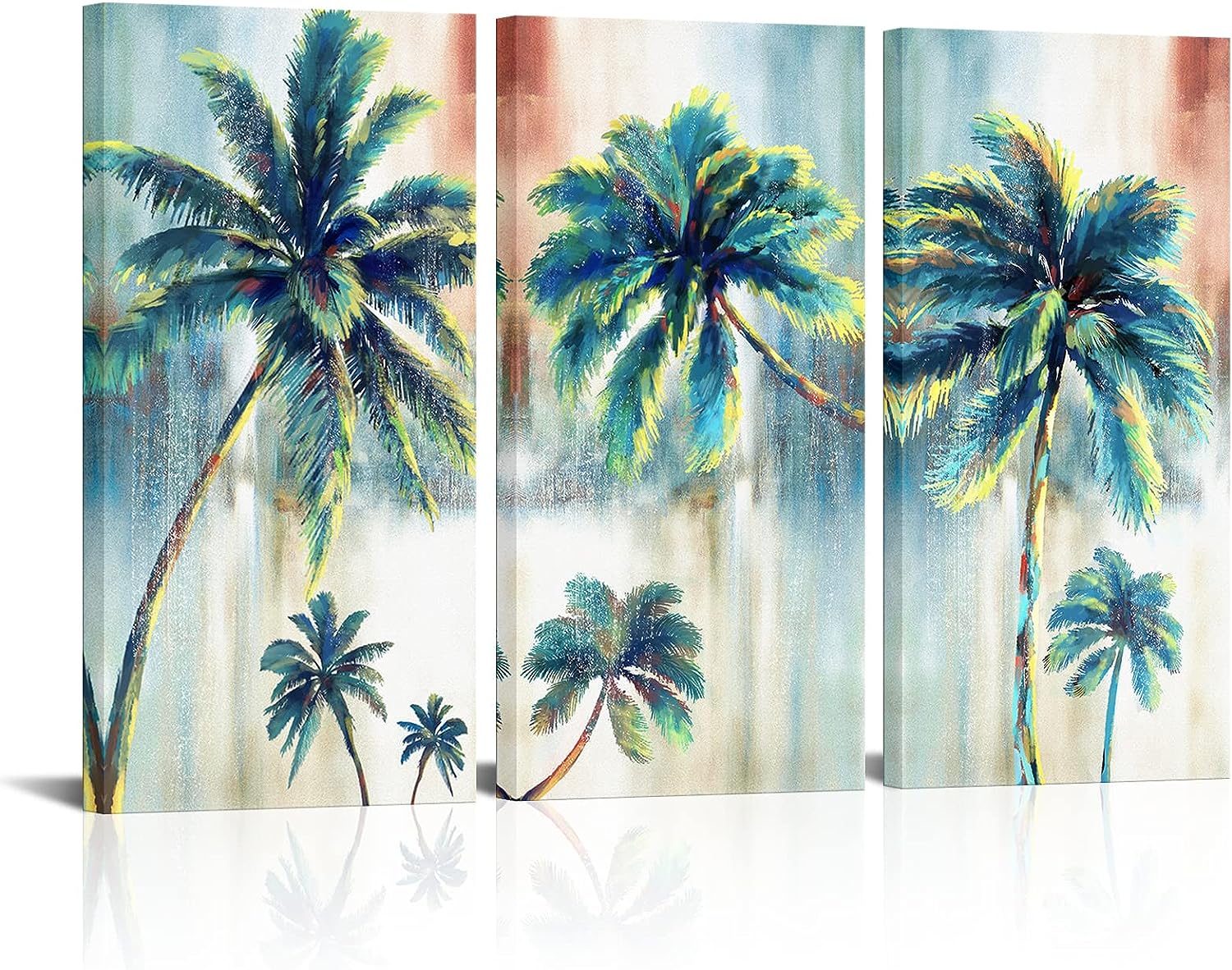 Aiqiulvyo Palm Tree Canvas Wall Art - Relaxing Tropical Leaves Artwork Coastal Seascape Painting for Living Room Bathroom Bedroom Framed Printed poster pictures 16x32inchx3 PCS