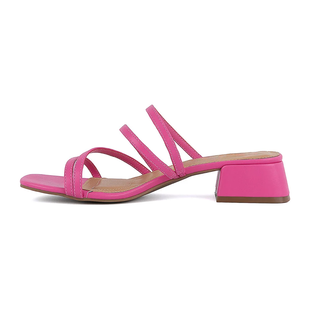 Fuchsia Square Toe Block Low Heel Strappy Casual Slip On Sandals