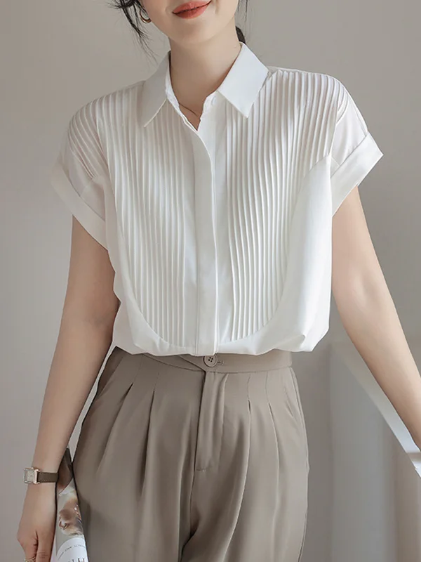 Split-Joint Solid Color Pleated Buttoned Short Sleeves Loose Lapel Blouses&Shirts Tops