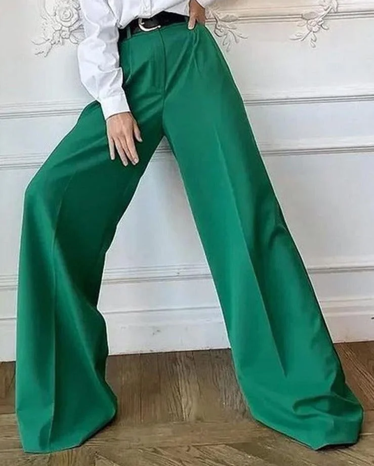 Peneran Green Wide Leg Women's Pants High Waist Straight Pants For Women New Spring Summer Office Lady Loose Casual Trouser Female