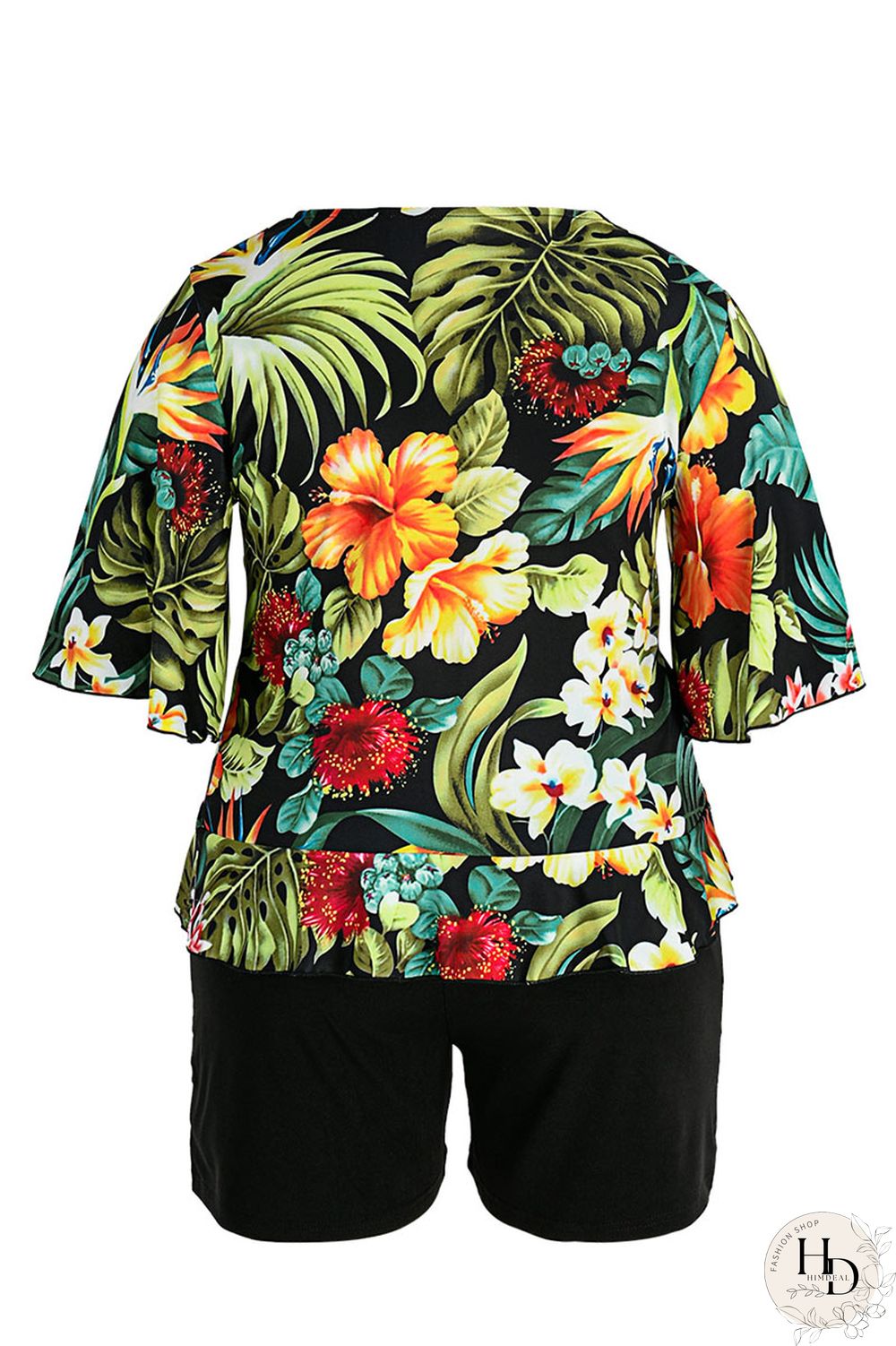 Blue Casual Print Bandage Split Joint V Neck Plus Size Two Pieces