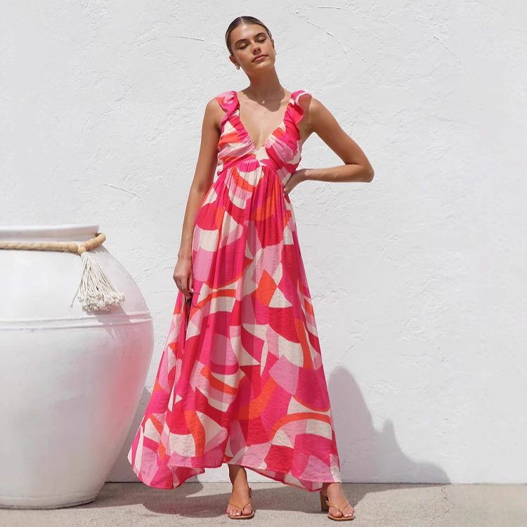 Ruffle V Neck Maxi Dress