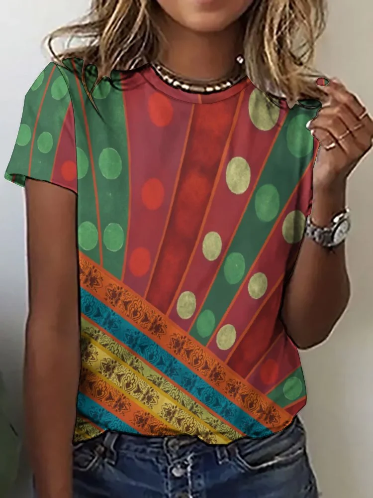 Printed Short Sleeve Casual T-shirt for  Women and Men Unisex Pattern Graphic, Red, Green