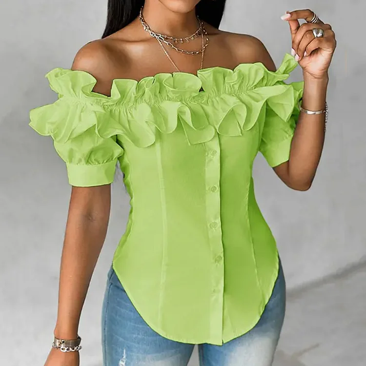Casual Ruffled Off Shoulder Puff Sleeve Button Blouse