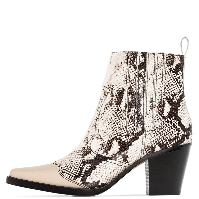 TAAFO Nude Snake Pattern High Chunky Heels Round Toe Ankle Boots Woman Booties  For Ladies Shoes