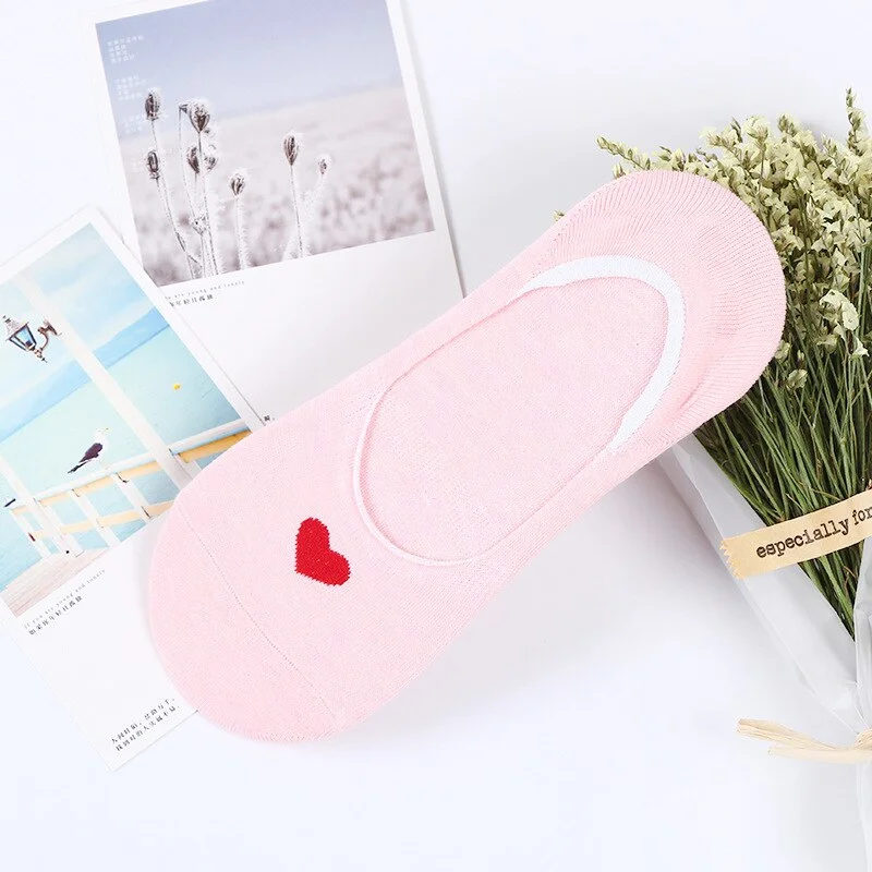 Sock Slippers Womens Cotton Soft Solid Heart Kawaii Invisible High Elasticity Breathable Womens Deodorant Lovely Anti-skid Chic