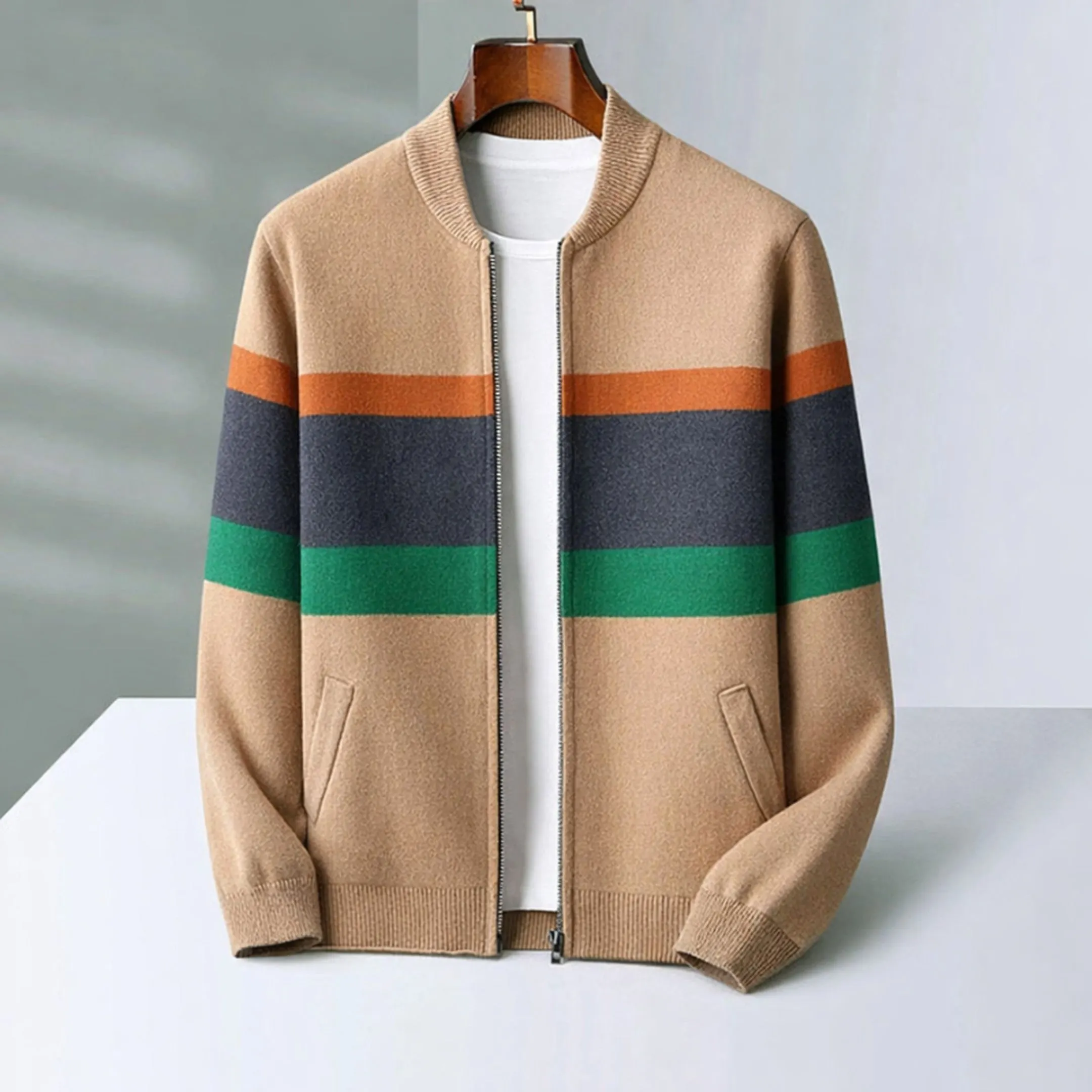Men's Cashmere Bomber Jacket &ndash; Striped Full-Zip Knitted Layer