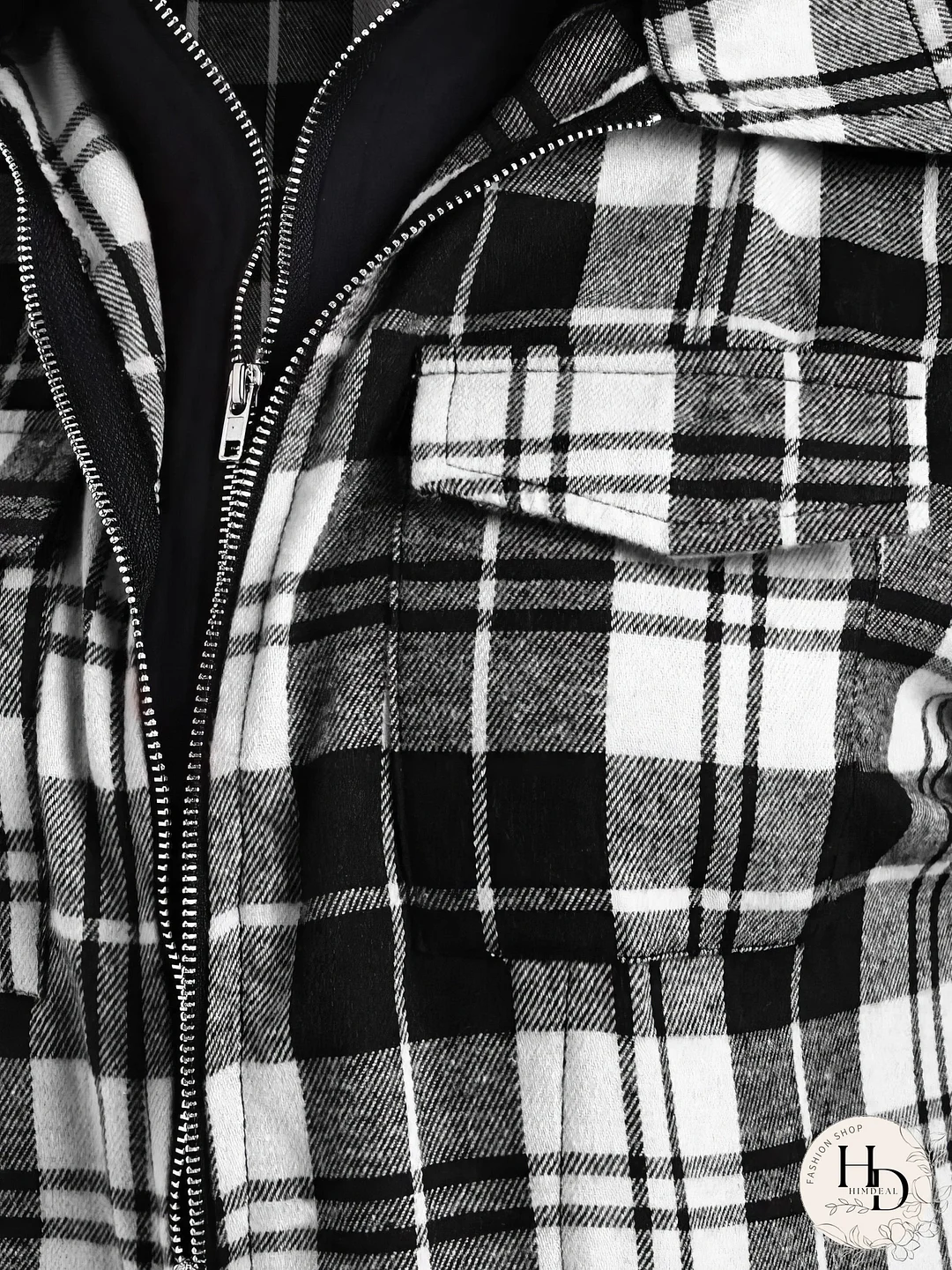 Plaid Zip-Up Hooded Coat with Pockets