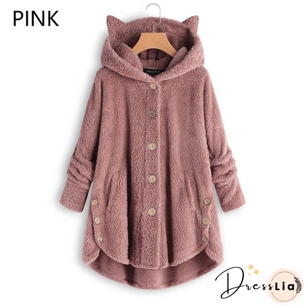 Fashion Women Coats Autumn Winter Outwear Tops Solid Color Plush Loose Cute Cat Ears Warm Fur Cardigan Coat with Pocket Plus Size S-5XL
