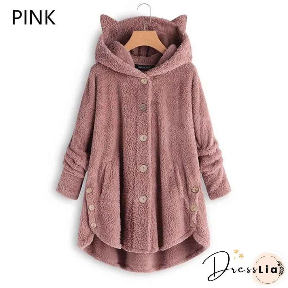Fashion Women Coats Autumn Winter Outwear Tops Solid Color Plush Loose Cute Cat Ears Warm Fur Cardigan Coat with Pocket Plus Size S-5XL