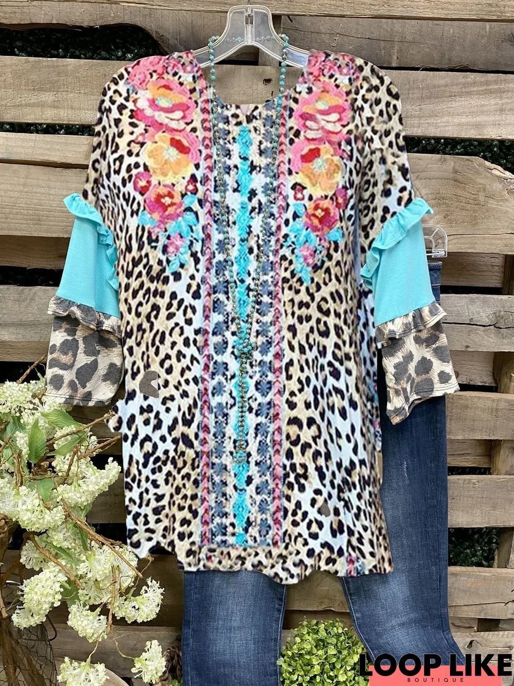 Cotton-Blend Half Sleeve Floral Tops