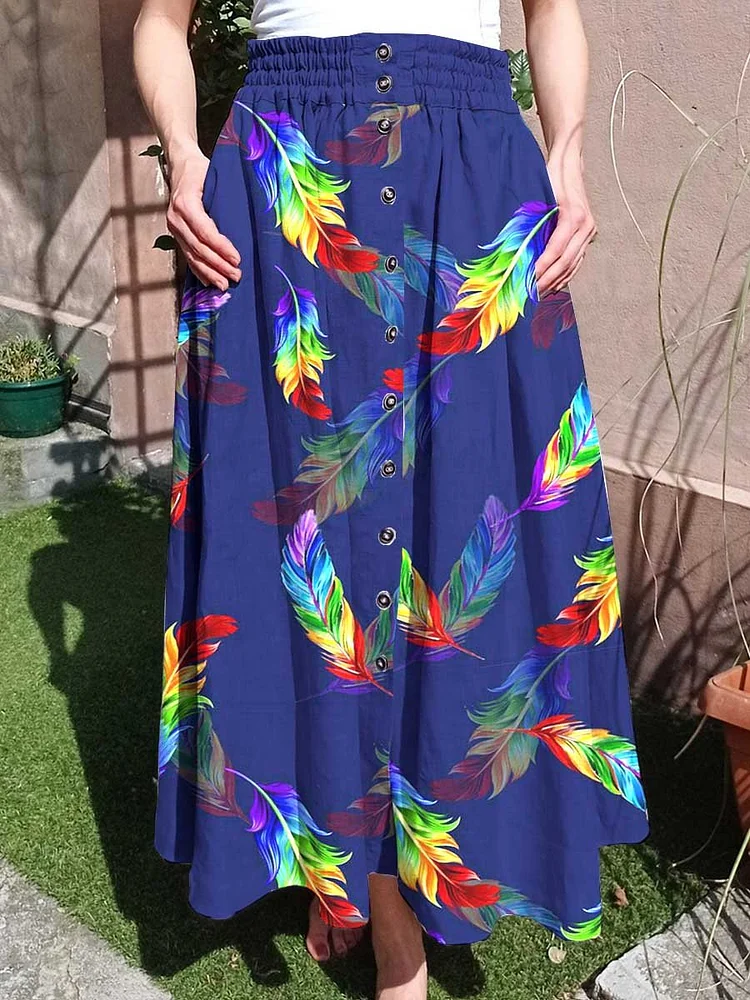 Women's Rainbow Feather Pattern Skirt With Pockets
