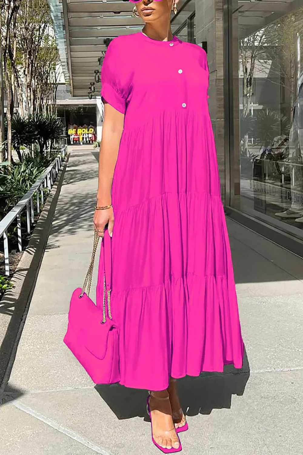 Plus Size Vacation Hot Pink Round Neck Short Sleeve Ruffle Maxi Dress