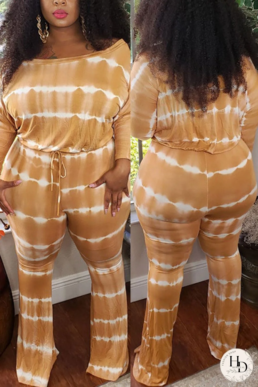 Yellow Fashion Casual Print Basic O Neck Plus Size Jumpsuits