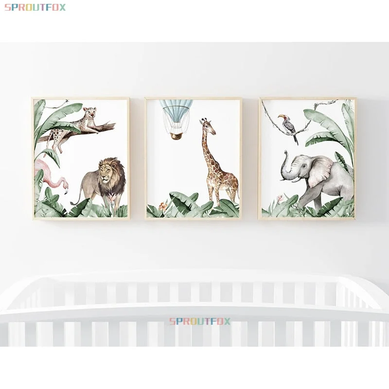 Cartoon Tropical Rainforest Animals Painting Elephant Giraffe Nordic Plant Wall Painitng Canvas Kids Baby Bedroom Decoration
