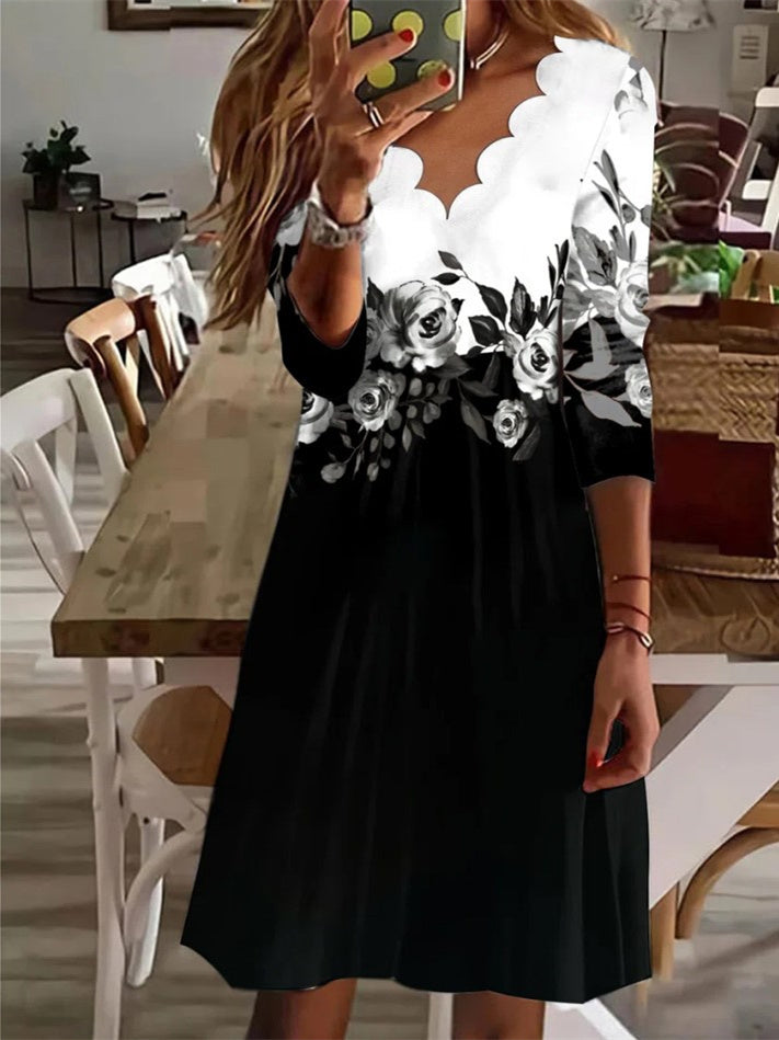 Women Long Sleeve V-neck Floral Printed Midi Dress