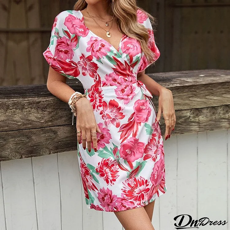 Floral Tied Short Sleeve Mini Dress