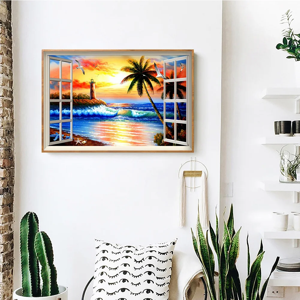 Diamond Painting - Full Round Drill - Sunset Window Beach(40*30cm)