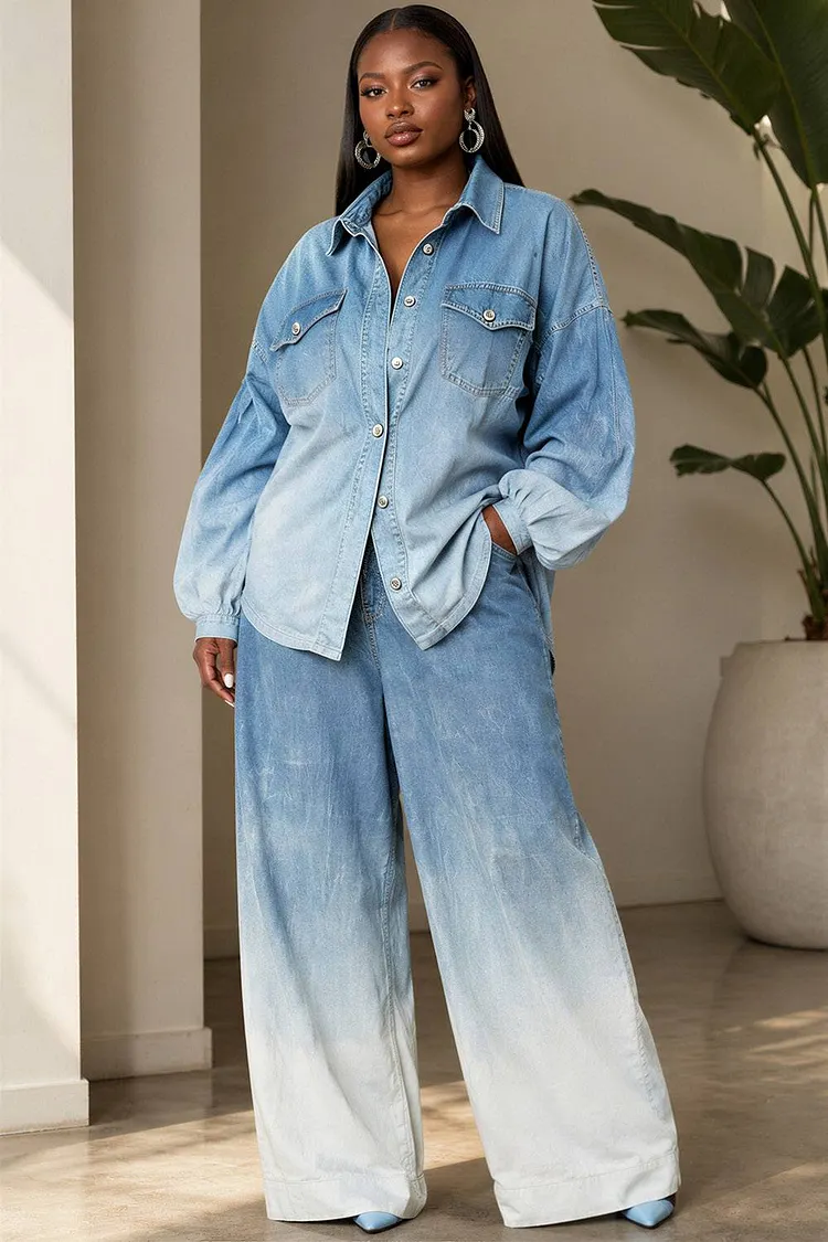 Xpluswear Design Plus Size Daily Light Blue Gradient Shirt Collar Lantern Sleeve Long Sleeve Pocket Wide Leg Denim Two Piece Pant Sets [Pre-Order] 2024 - Xpluswear